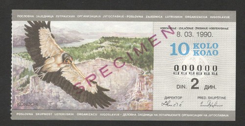 YUGOSLAVIA-LOTTERY-SPECIMEN-COMMUNIST PERIOD-VERY RARE-10 KOLO-BIRDS-1990. - Picture 1 of 2