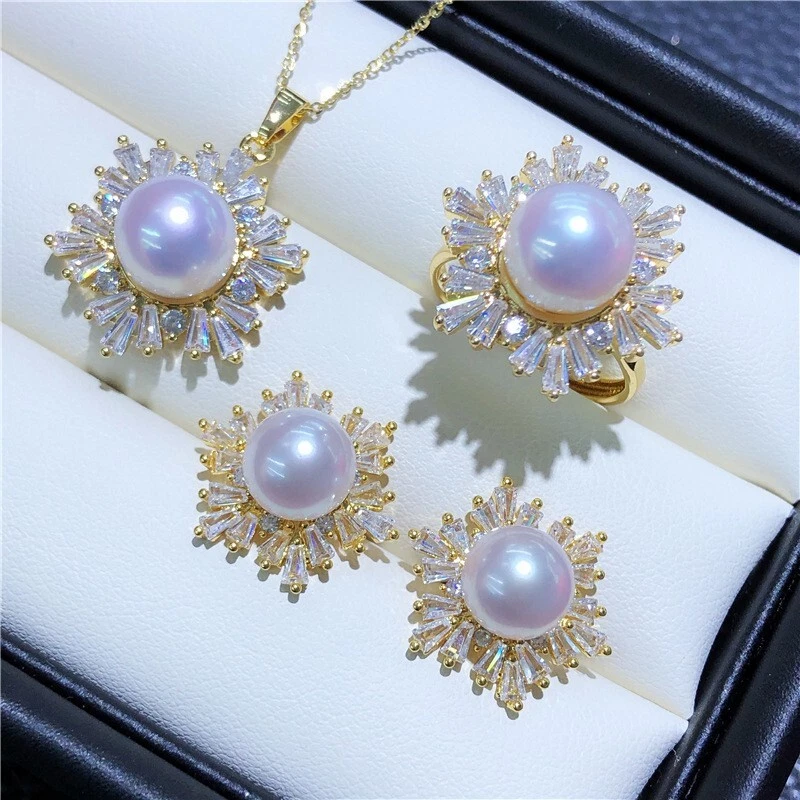 ОГРОМНЫЙ AAA +++ 10-11 мм 18KP золото обернутый снег цветок цирконий подвеска кольцо серьги комплект - Изображение 2 из 3