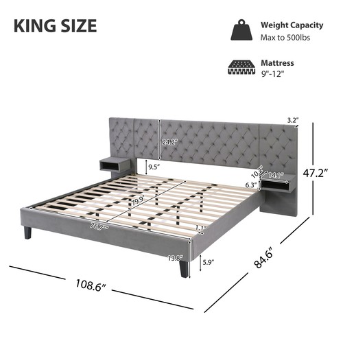 King Platform Bed Modern Velvet Upholstered Platform Bed W/2 Nightstands 231G - Picture 4 of 8