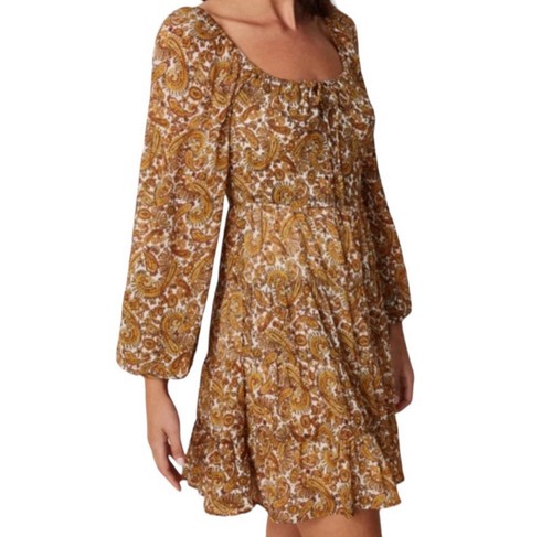 Faithfull The Brand Indira Paisley Print Yellow Long Sleeve Mini Dress- Large - Picture 13 of 13
