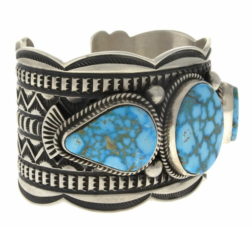 Natural Birdseye Kingman Turquoise Bracelet By Navajo Artist Andy Cadman - Picture 2 of 4