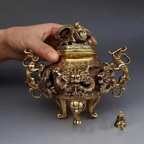 7" Chinesische Messing Vergoldet 9 Drachen Räuchergefäß Räuchergefäß Statue - Bild 3 von 9