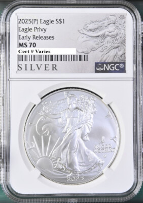 #ad 2025 p silver eagle with eagle privy ngc ms70 early releases als label in hand $118.95