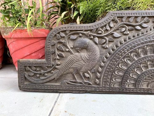 1700's Ancient Black WoodPatan Jain Temple Peacock Floral Figure Wall Door Panel - Picture 8 of 12