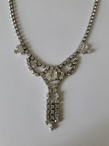 Vintage Kramer Clear Rhinestone Necklace w/ Drop Pendant 15.25"L - Picture 1 of 19