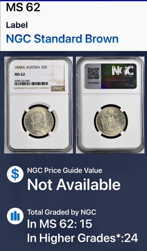 1848 A AUSTRIA SILVER 20 KREUZER FERDINAND I NGC MS 62 - Picture 5 of 5