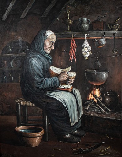 Vintage Old Man Cooking on Fireplace Cabin Scene Oil Painting 29.5"L x 23.5"W - Picture 3 of 12
