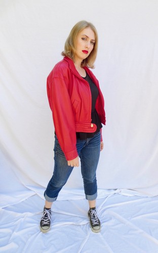 RED LEATHER Womens JACKET 80s New Wave Biker VTG V