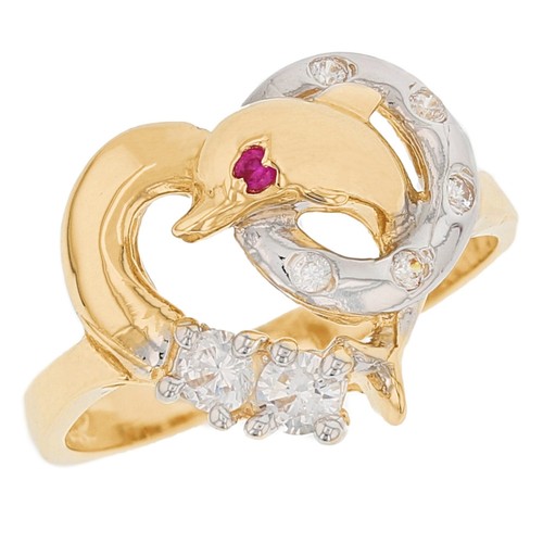 10k or 14k Two Tone Gold Dolphin Heart White CZ Womens Animal Ring - Bild 1 von 5
