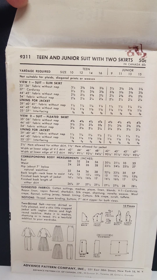 Vintage ADVANCE Pattern 9311 Teen Jr Suit Two Skirts Uncut FF Sz 10 1950's 1960s - Image 3 of 4