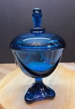 MCM Viking Art Glass Blunique Epic Blue Drape Candy Dish / Compote w Lid 9"