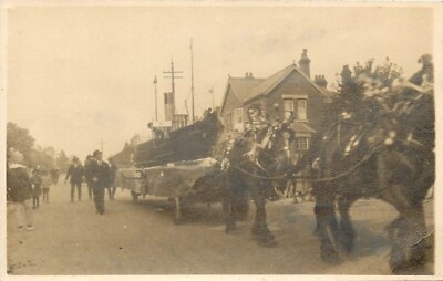 UK 1822 Parade Float Steamship horses people Postcard RPPC 24-7615