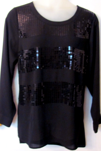 Camicetta top tunica nuova con etichette $64 Lane Bryant nera georgette paillettes righe 18/20 1X - Foto 1 di 2