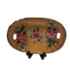 Vintage Mexican Folk Art Batea Wooden Tray Oval Bowl Floral Hand Painted Handles