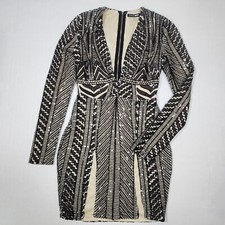 Fashion Nova Diva Sequin Mini Dress X-Small Plunge V-Neck Beige Black Slits Sexy