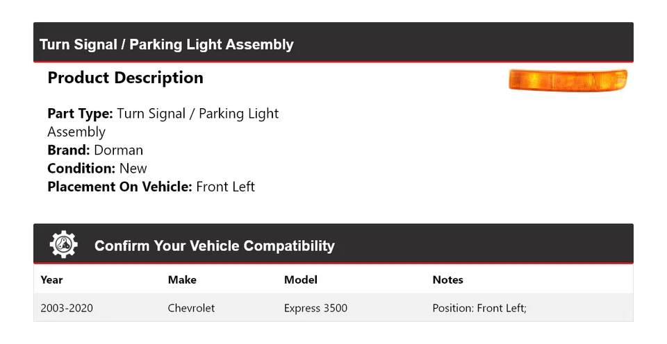 Conjunto de luces de giro/estacionamiento Dorman 2004 para Chevrolet Express 3500 2003-2020 Foto 2 de 4