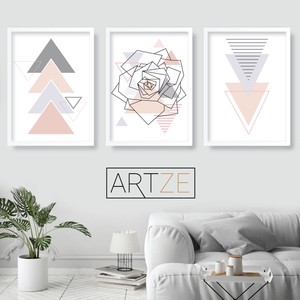 Set Of 3 Geometric Blush Pink Grey Wall Art Prints Rose Poster Large Ebay