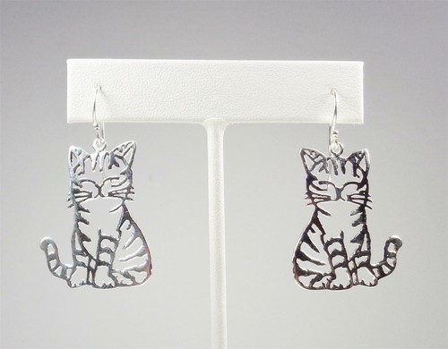 STERLING SILVER CAT SILHOUETTE KITTY FELINE PET KITTEN ANIMAL NATURE EARRINGS - Picture 4 of 5