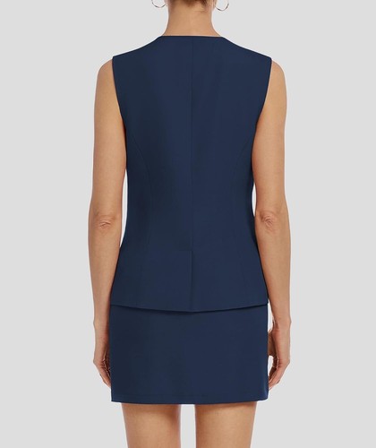 Women Round-Neck Single-Breasted Vest Skirt Suit Office Chic 2 Piece Set Outfit - Picture 43 of 57