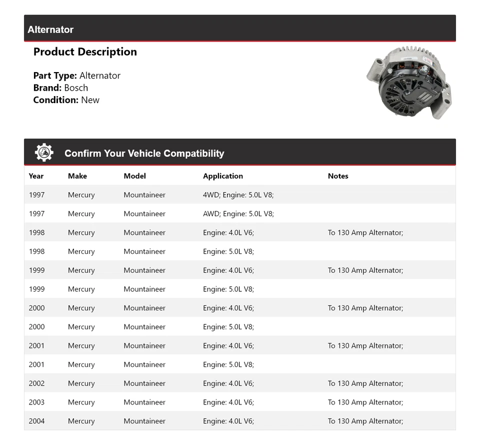 For 1997-2004 Mercury Mountaineer Bosch Alternator (New) 1998 1999 2000 2001 - Изображение 2 из 4