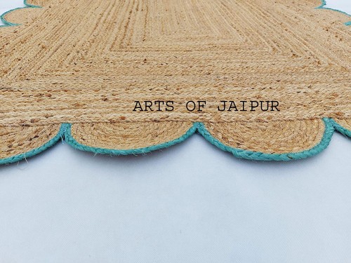 Jute Scalloped Sky Blue Area Rug Living Room Bed room Outdoor Yoga mat 4x6 9x12 - Picture 4 of 7