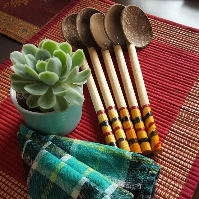 5 x Coconut Shell Spoon Set Eco Friendly Traditional Handmade Kitchen Serving