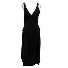 Zara Linen Blend Strappy Back V-Neck Midi Dress Belt Classic Black size Large