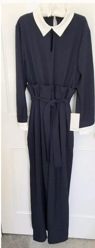 Zara Flowing Contrast Jumpsuit With Belt In Navy Blue L BNWT R - Picture 3 of 5