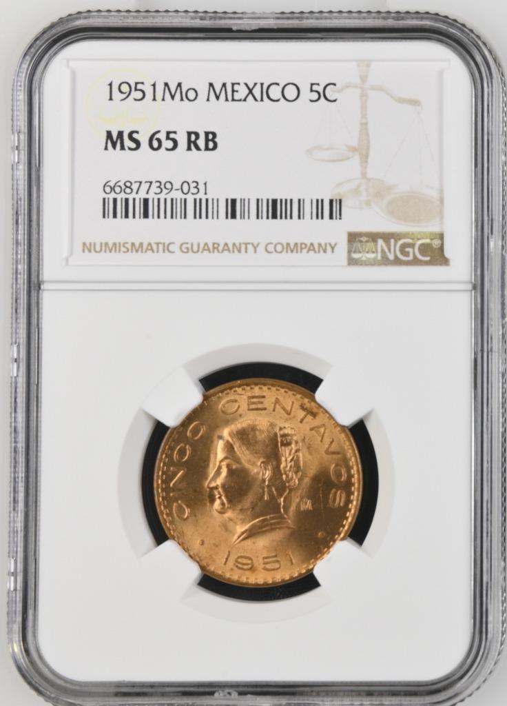 Mexico 5 Centavos 1951 Mo NGC MS 65 RB