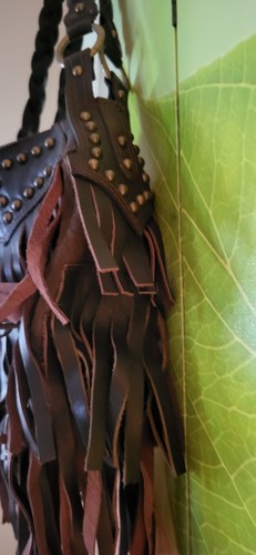 RARE Vintage Betsey Johnson Bag Shoulder Hobo Brown Leather Fringe Binge Studded - Picture 10 of 13