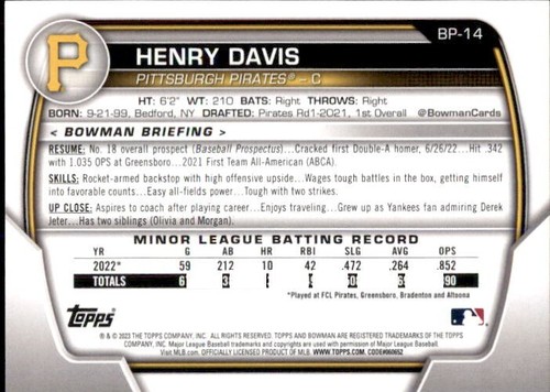 2023 BOWMAN BASE PAPER PROSPECT BP14 HENRY DAVIS PITTSBURGH PIRATES - Picture 2 of 2