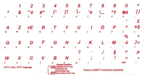 FRENCH AZERTY KEYBOARD STICKER TRANSPARENT RED LETTERS - 第 2/4 張圖片