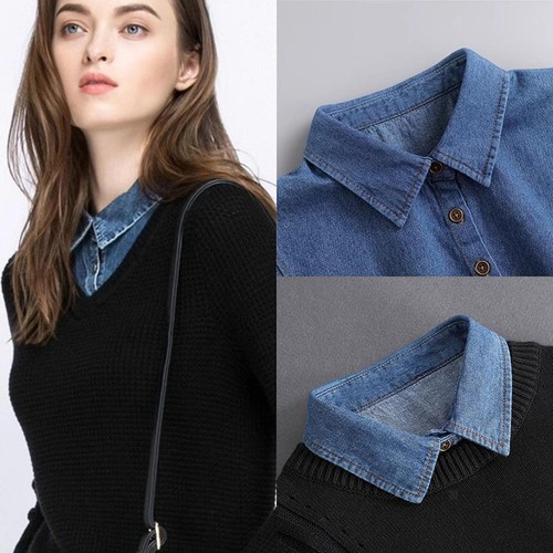 Fake Collar, Denim Blue Half Top, Blouse Half Shirt Decorative Underneath - Picture 2 of 7