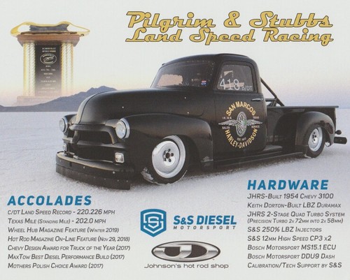 2022 Pilgrim & Stubbs S&S Diesel '54 Chevy 3100 PRI Show Land Speed Hero Card - Picture 1 of 2