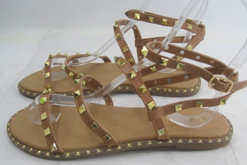 new TOP MODA Summer Tan GOLD STUD Open Toe Ankle Straps Sandal women Size 7 - Picture 4 of 7