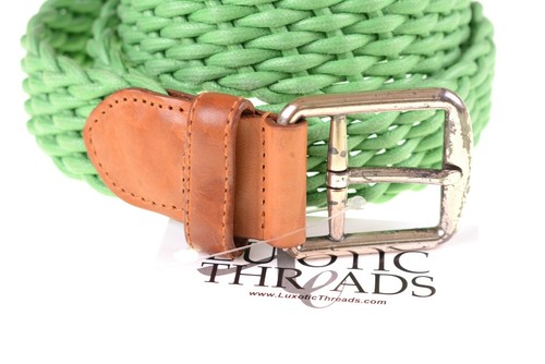 Cinturón palmeado de cuerda verde nailon con pestaña de cuero marrón hecho en Italia 44 - Imagen 2 de 4