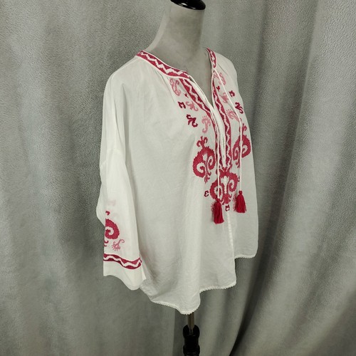 Chicos Oversized Boho Top Womens Large White Pink Embroidered Tasseled Tunic 2 - Picture 8 of 9