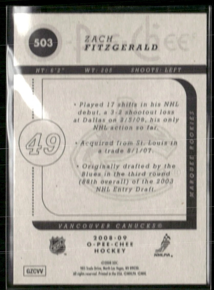 2008-09 O-Pee-Chee - Marquee Rookies Zack Fitzgerald #503 (RC) - Image 2 of 2