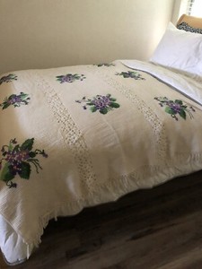 Floral Afghan Throw Blanket Cream Purple Green Flower 52”x82 Fringe Handmade Vtg