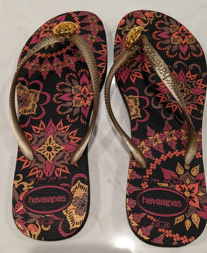 Women's HAVAIANAS Floral Footbed Gold Metallic Straps with Gold Ornament 7/8 - Picture 8 of 9