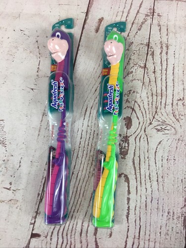 Vintage Lot Of 2 Aquafresh Flexosaurus Dinosaurs Kids Toothbrush Green Purple - Picture 5 of 12