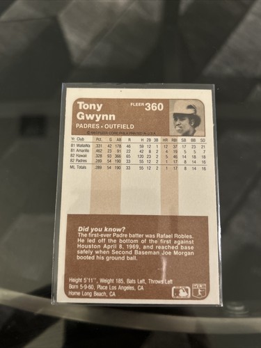 1983 Fleer - #360 Tony Gwynn (RC) - Foto 2 di 2