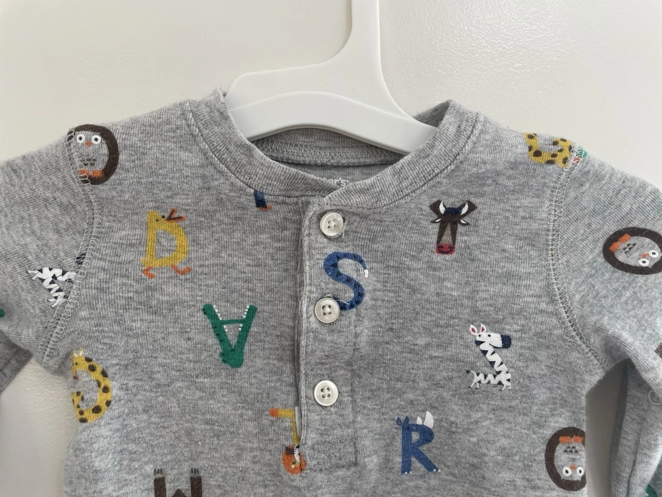 Carter's Baby Boys Colorful Animal Letters Henley Long Sleeve Bodysuit Gray 12M - Image 3 of 4