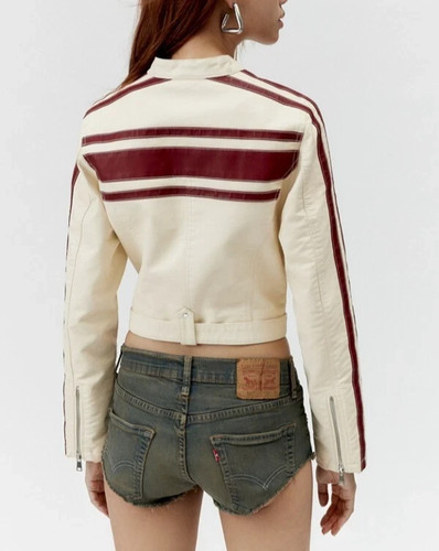 Women's Real Leather Jacket  Moto Cream Red Striped Biker Style Cropped Jacket - Imagen 3 de 14