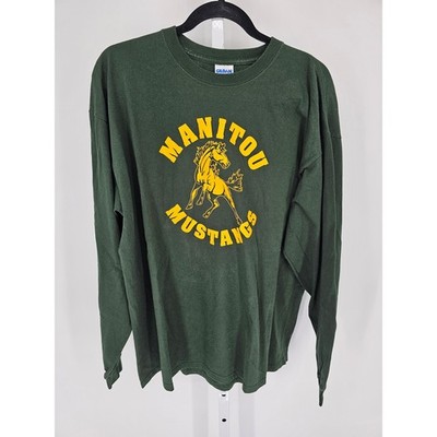 Vintage Manitou Colorado Mustangs Sz XL Long Sleeve T Shirt Green Yellow Gildan