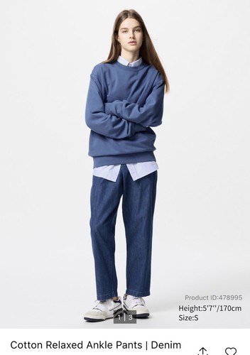 New Uniqlo Women Cotton RELAXED ANKLE PANTS Elastic denim Blue XL BNWT