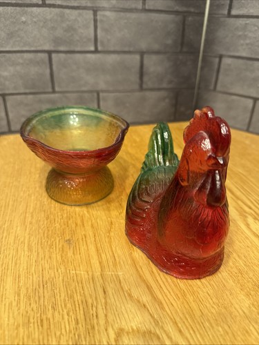 Rooster on Pedestal Green Red Amber Glass Covered Candy Dish - Picture 5 of 9