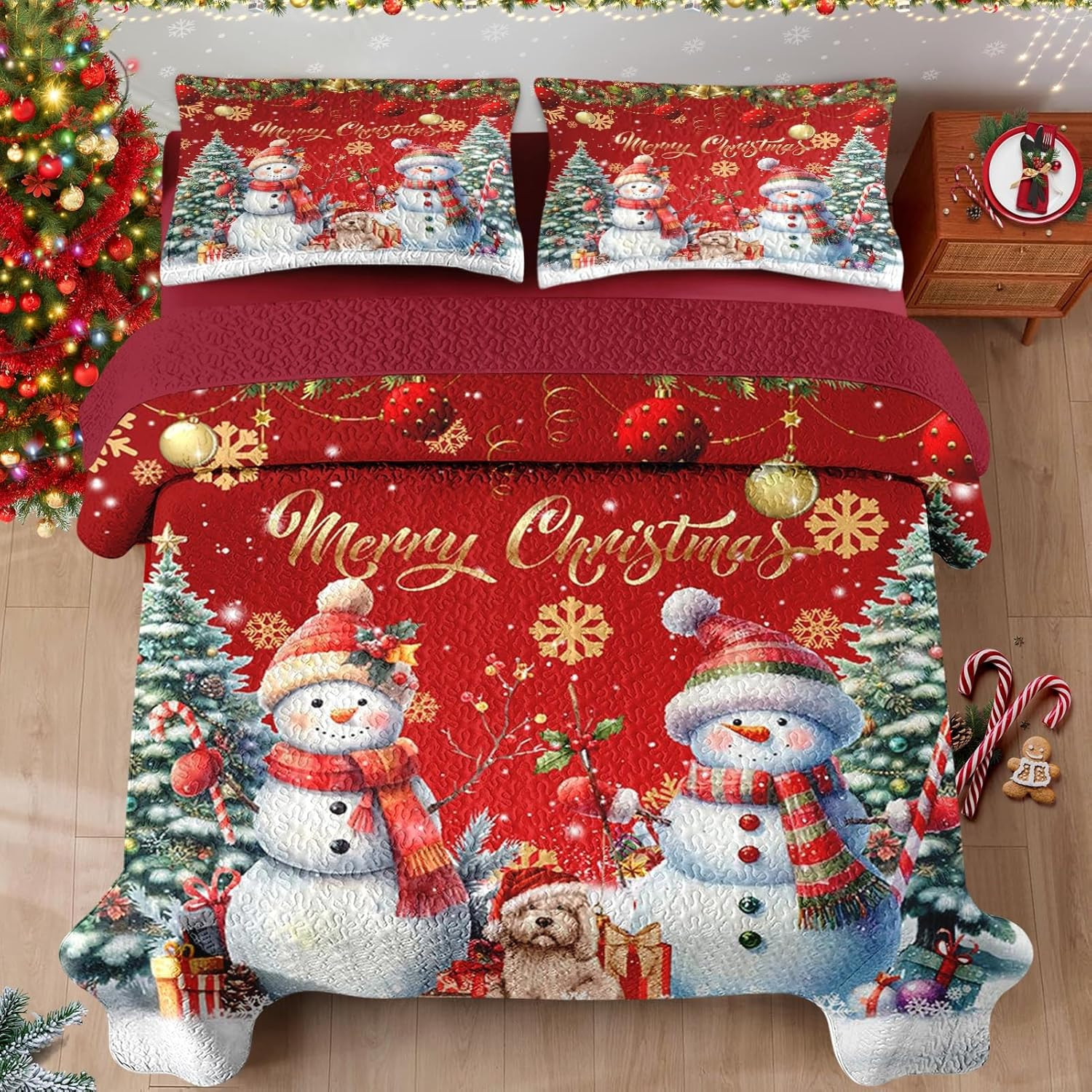 Christmas King Size Quilt Set, Dark Red Xmas Snowman Lightweight Bedspread Cover
