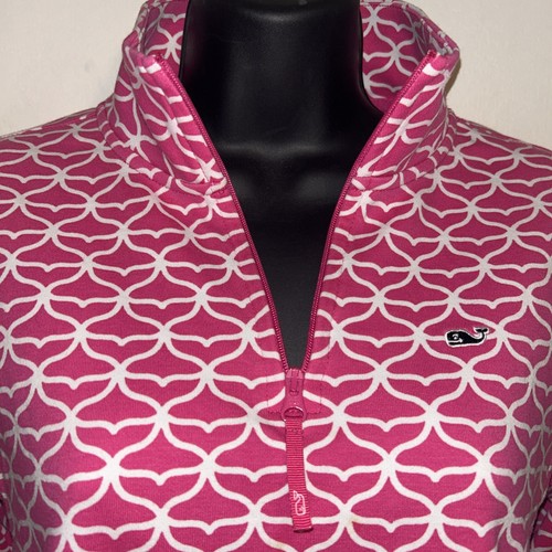 Vineyard Vines Damen XS rosa weiß Walschwanz Print Baumwolle 1/4 Zip Pullover - Bild 2 von 7