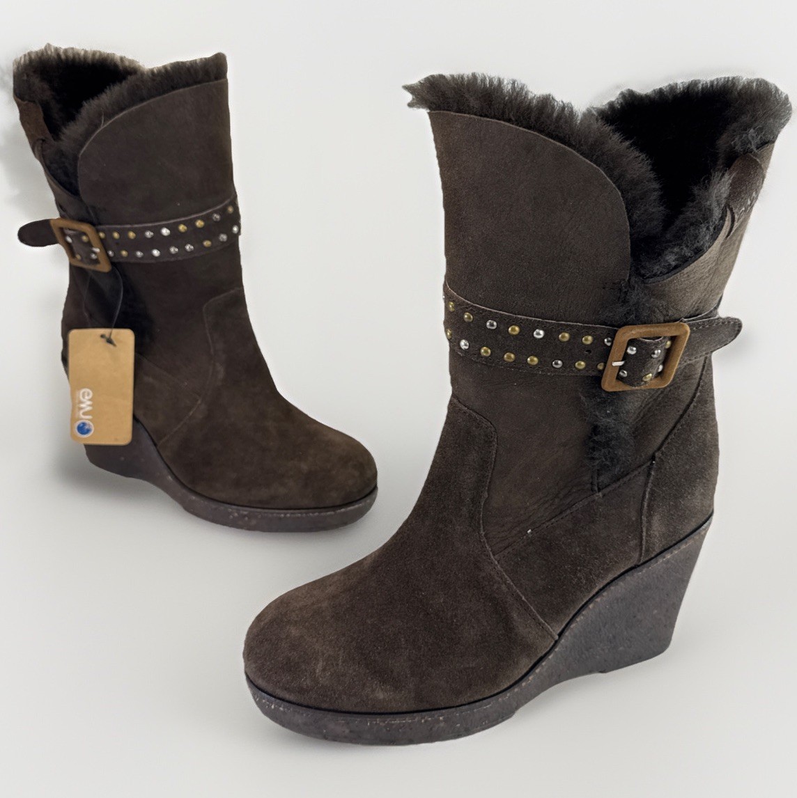 EMU Australia Heighton Lo Wedge Boots Sheepskin Suede Brown Women’s 8 EUC